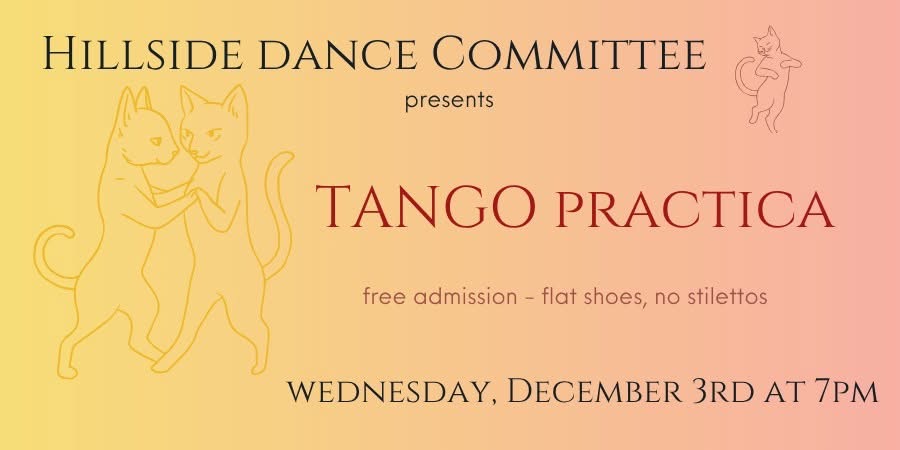 Hillside Dance Committee flyer for a free flat-shoe tango practica at the Hillside Club in Berkeley.